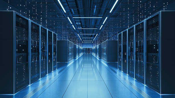 Data center server aisle with blinking lights